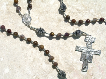 Pietersite Beaded Rosary with San Damiano Crucifix and Scapular Center